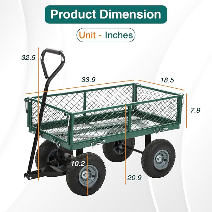 FDW Garden Cart Streel Heavy Duty 500 LBS Capacity,Utility Cart Wagon with Removable Sides and 180°Rotating Handle for Yard, Lawn and Garden Hauler (Green)