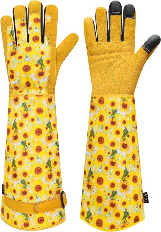 DLY Gardening Gloves for Women, Rose Gloves Gardening Thorn Proof, Long Garden Gloves for Women, Breathable Cowhide Leather Gauntlet (X-Large, Yellow