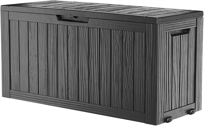Deck Box Outdoor with 75 Gallon, Rollers for Mobility, Handles Waterproof Storage Box with Lockable for Store Garden Tools Backyard, Multi-Functional Seat & Table, Black