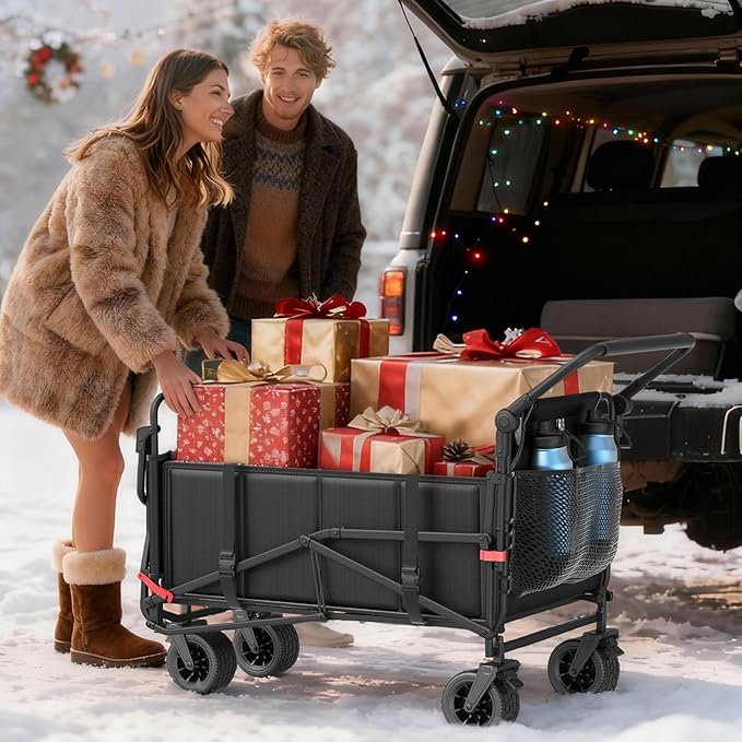 LEVELEVE Heavy Duty Folding Wagon - 2-in-1 Collapsible Cart, 650lb Capacity, All-Terrain Wheels w/Brakes & Side Pockets (Black)