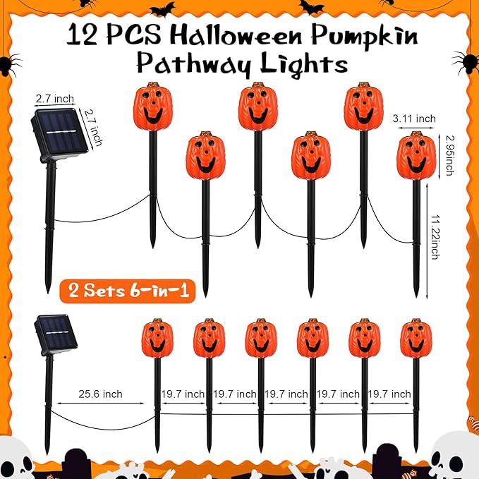 12 Pack Halloween Pumpkin Pathway Solar Lights, Orange Yard Stake Pumpkin Shaped Pathway Lights Outdoor Waterproof for Balcony Lawn Walkway Party Decor