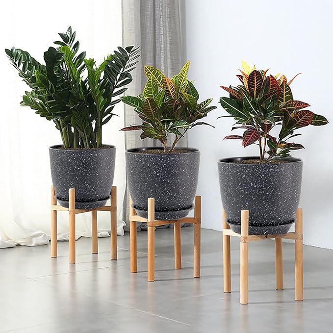 WOUSIWER Plant Pots 10/9/8 inch, Set of 3 Modern Decorative Plastic Planters with Drainage Holes and Saucers for House Plants Indoor Flowers Plants, Black with White Speckles