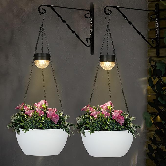 2 Packs Hanging Planters Basket for Outdoor Plants, Solar Powered Self Watering White Round Plastic Flower Pots with Drainer for Balcony Patio Garden Outdoor Decoration