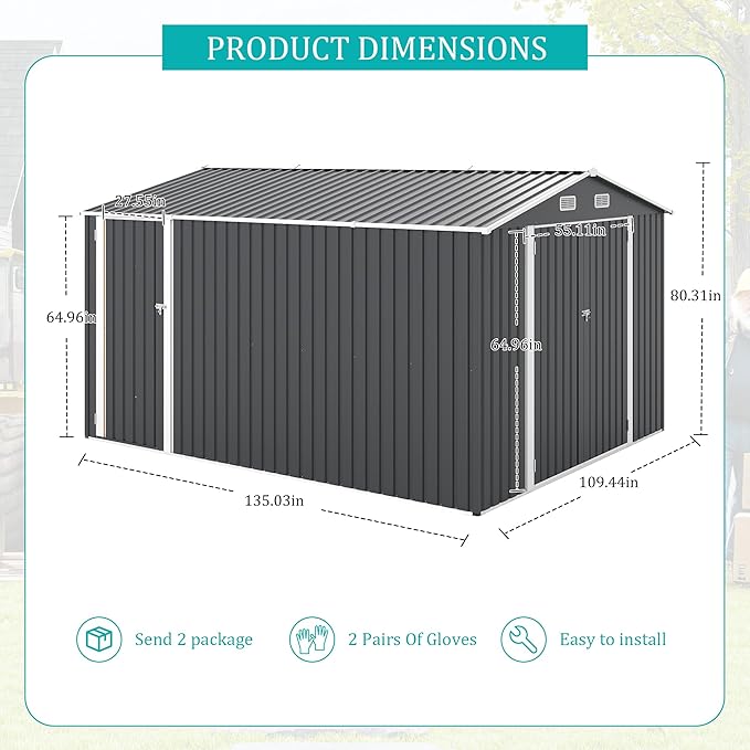 9x11 FT Outdoor Metal Storage Shed with Lockable Door, Steel Garden Utility Shed with Vents, Backyard Patio Tool Shed for Lawn Equipment, Bike, Firewood and Mower Storage, Gray