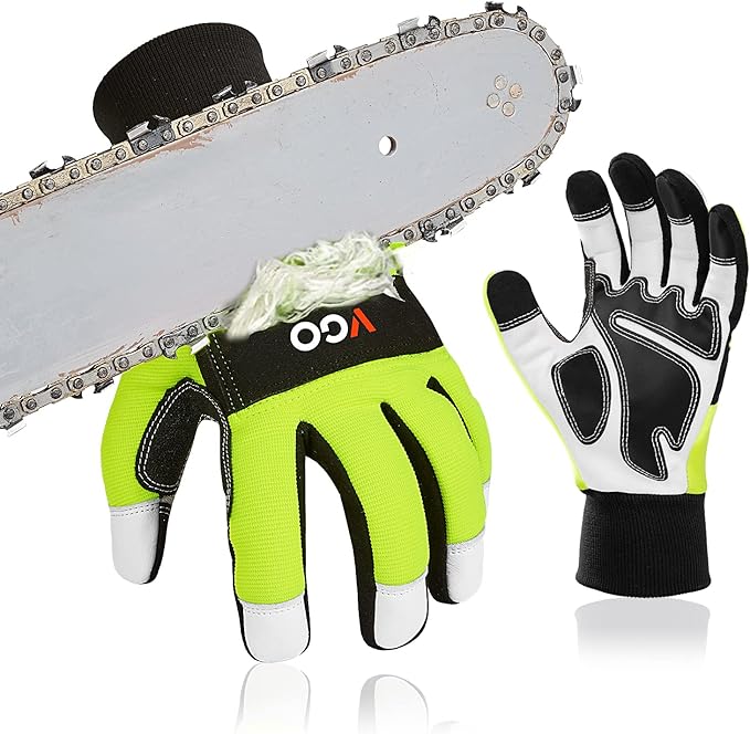Vgo... Chainsaw Gloves, 12-Layer Chainsaw Protection on Both Hand Back, leather Work Gloves, Mechanic Gloves