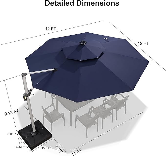 PURPLE LEAF 12ft Patio Umbrella With Base Solar powered LED Cantilever Umbrella with LED lights Windproof Outdoor Offset Umbrella for Garden Deck Pool Patio, Navy Blue