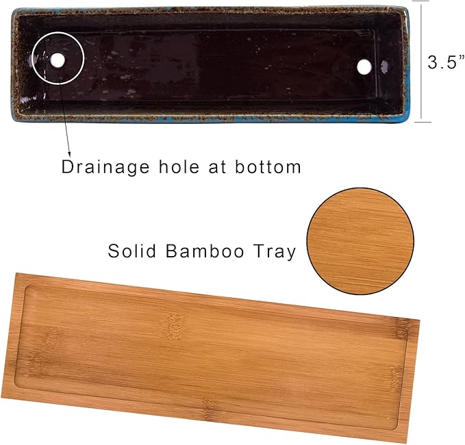 Succulent Pots - 12.1 Inch Large Succulent Planters Pots with Drainage Tray, Long Rectangle Ceramic Pots for Indoor Cactus/Succulent Plants Shallow Bonsai Window Box for Home Garden Decor (Blue)