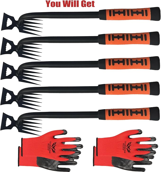 5 Pack Stainless Weeding Artifact Uprooting Weeding Tool, Stainless Steel Forged Weed Puller 5 Teeth Dual Purpose Weeder, Hand Weeder Tool for Gardening with Long Handle