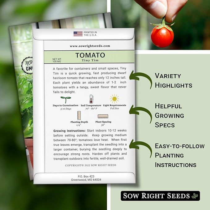 Sow Right Seeds - Tiny Tim Tomato Seeds for Planting - Non-GMO Heirloom Packet with Instructions to Plant and Grow an Outdoor Home Vegetable Garden - Perfect Container Variety - Gardening Gift (1)