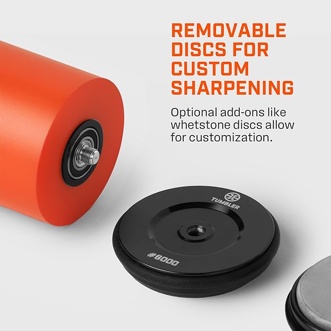 TUMBLER Pro Rolling Knife Sharpener™ - Knife Sharpening Made Easy - Rolling Knife Sharpening Kit with Removable Disc System - Includes 4-Layer Diamond Sharpening Disc & EdgeBoost Ceramic Disc (Orange)