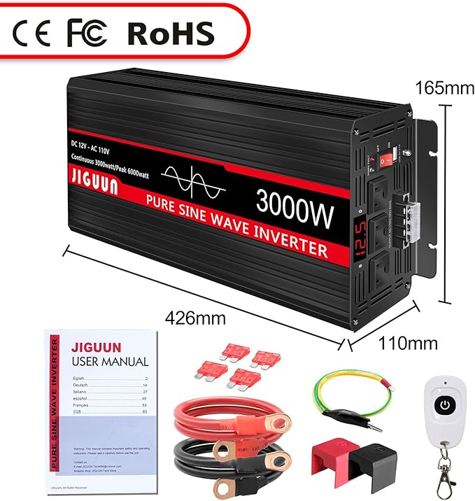 JIGUUN 3000 Watt Pure Sine Wave Inverter, Power Converter 12V DC to 110v/120v AC, Car Inverter with 4 AC Outlets& USB Port Remote Control for RV Camping Truck.