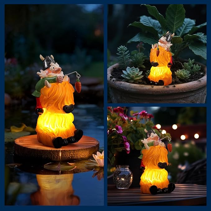 Garden Statue–Grome&Highland Cow Outdoor Decor Solar Light for Yard, Patio or Balcony–Eco-Friendly Resin Figurine Gift for Parents, Friends, Coworkers–Christmas, White Elephant, Thanksgiving, Birthday