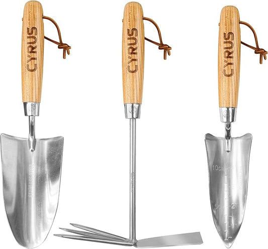 CYRUS Garden Tool Set,3 Piece Garden Shovel,Includes Hand Trowels, Transplanting Shovel and Hand Rake with Ash Wood Handle for Planting, Weeding, Maintaining Lawns and Gardens