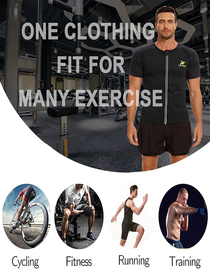 NINGMI Sauna Suit for Men Hot Sweat Suit Sauna Shirt Sweat Body Shaper Workout Neoprene Suit Zipper Short Sleeve
