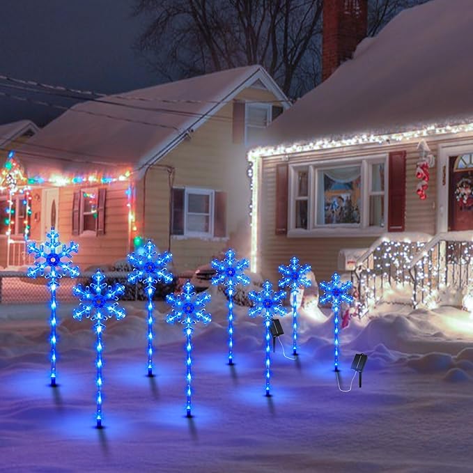 Solar Christmas Pathway Lights Outdoor Decorations, Solar Powered Snowflake Lights, Waterproof Xms Garden Stake Lights Outdoor Christmas Decorations for Patio Yard Porch Lawn, 4 Pack(Blue)