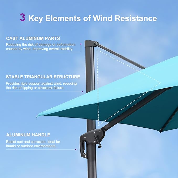 PURPLE LEAF 11FT Cantilever Outdoor Umbrellas Large Patio Umbrella Hanging Double Top Square Offset Umbrella with 360°Rotation Tilting Umbrella Outdoor Patio, Turquoise Blue