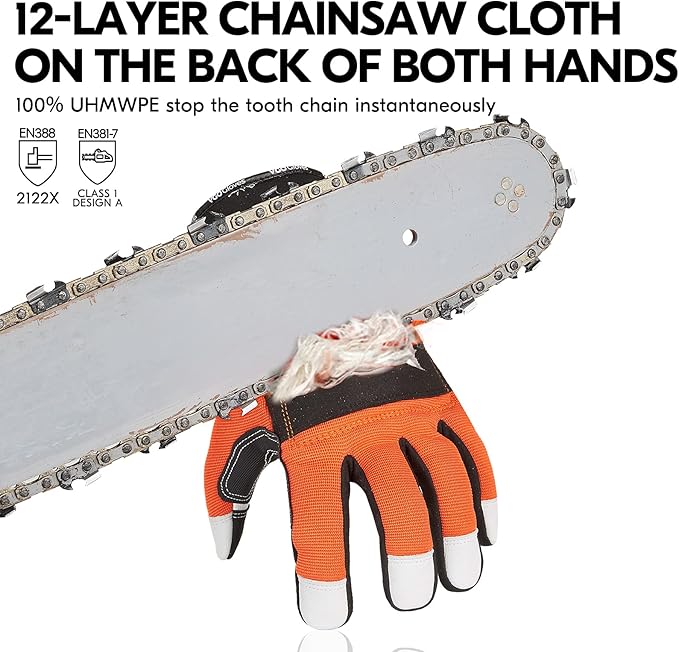 Vgo... Chainsaw Gloves, 12-Layer Chainsaw Protection on Both Hand Back, leather Work Gloves, Mechanic Gloves