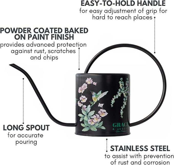 Watering Can for Indoor House Plants - Cute Decorative Metal Gardening Small Water Can for Houseplants & Flowers with Long Spout - 1.5L 51floz 0.4 Gallon (Hummingbird Black)