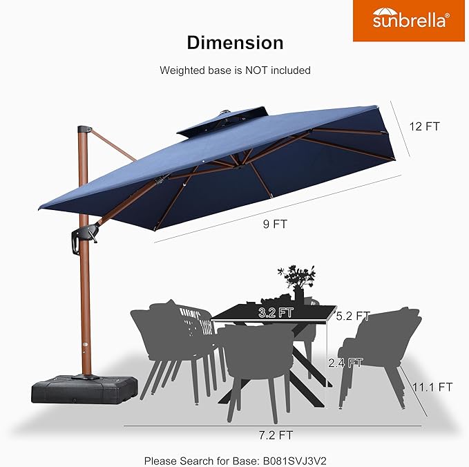 PURPLE LEAF Umbrella 9' X 12' Double Top Deluxe Rectangle Patio Umbrellas Offset Hanging Umbrellas Cantilever Umbrella, Spectrum Indigo