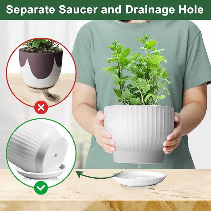 6.7 + 5.5 Inch Plant Pot, Ceramic Planter with Drainage and Saucer, Ceramic Pots for Plants, Indoor Plant pots,Ceramic Flower pots(Pure White, Plants NOT Included)