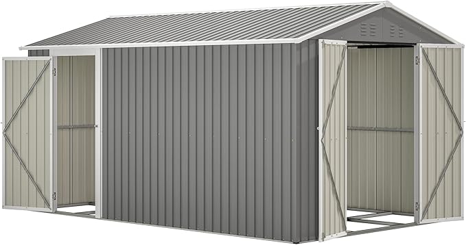 8x12 FT Metal Outdoor Storage Shed with Adjustable Side Door & Lockable Double Doors, Aluminum Frame, Weatherproof Tool Shed with Floor Frame for Garden, Backyard & Equipment Storage