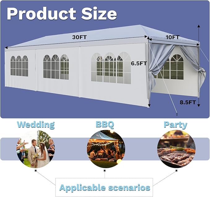 Devoko 10'x30' Heavy Duty Outdoor Canopy Tent, Waterproof Wedding Party and Events Tent with UV Protection & Sidewalls, Wind Resistant Portable Gazebo for Backyard, Patio, White