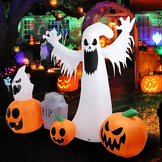 8 FT Halloween Inflatables Ghost & Pumpkins Outdoor Decorations, Inflatable Blow Up Yard Decor with Color Changing LEDs, Inflatable Decorations Outdoorfor Yard Garden