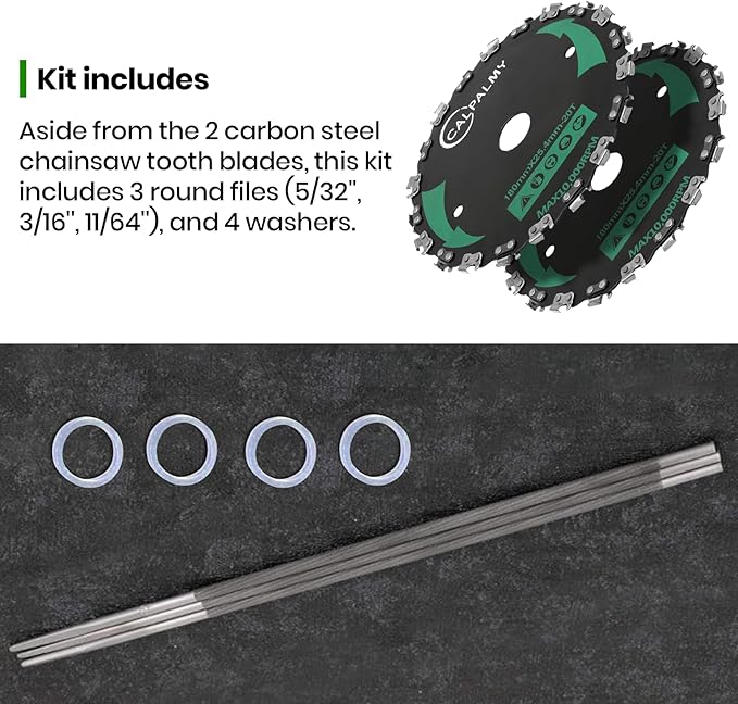 (2-Set) 7" x 20T Chainsaw Tooth Brush Blades – 2 Blades, 3 Assorted Round Files (5/32’’, 3/16'', 11/64'') and 4 Washers | for Cutter, Trimmer, Weed Eater | Made from Carbon Steel, Cuts Like Butter