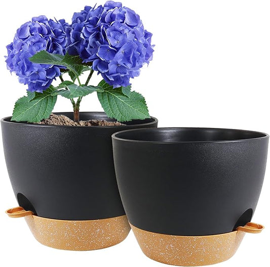 10 inch Self Watering Pots, 2 Pack Plastic Planters with Mesh Drainage Holes for Garden Plants and Flower, Plants Pots with Deep Reservoir for Indoor Outdoor Plants, Black with Brown
