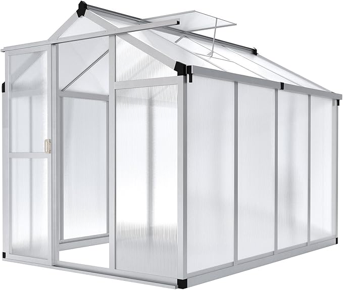 6x8 ft Greenhouse with Roof Vent, Aluminum Walk-in Greenhouses for Outdoors, Heavy Duty Garden House for Backyard, Patio, Easy Assembly