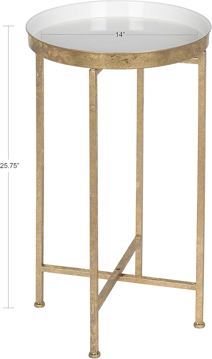 Kate and Laurel Celia Round Metal Foldable Tray Accent Table, White with Gold Base