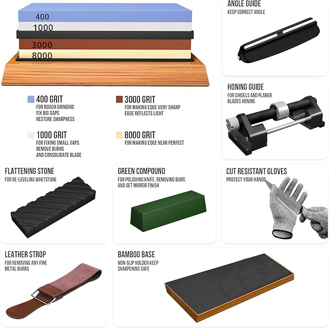 Knife Sharpening Stone Kit, Premium 4 Side Grit 400/1000 3000/8000 Whetstone Knife Sharpener Tool, Non-Slip Bamboo Base,Cut Resistant Gloves, Angle Guide