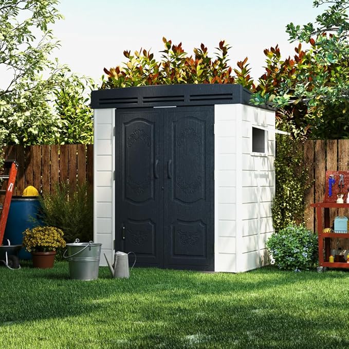 Kingdura 6x4 FT Resin Outdoor Storage Shed with Reinforced Floor, All-Weather Resistant Plastic Garden Outside Bike Tool Shed with Lockable Doors, Window for Backyard Patio Poolside