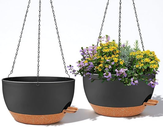 2 Pack 12 Inch Large Hanging Planters with Chains Self Watering Black Brown Plastic Hanging Pots for Indoor Outdoor Plants, Garden Porch Home Decor,Black Brown