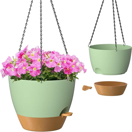 ZMTECH 12 Inch Hanging Planters for Indoor Outdoor Plants, 2 Pack Self Watering Hanging Plant Pots with Drainage Hole, Visual Reservoir, Plastic Flower Hanging Pots with Watering Lip (Green)