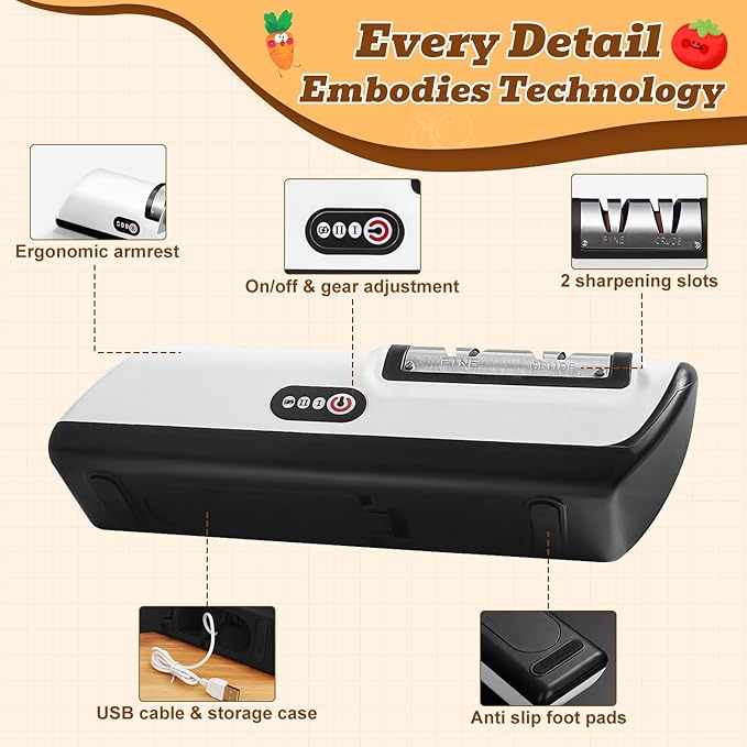 Rechargeable Electric Knife Sharpener, Compact Cordless Knife Sharpener with Diamonds for Steel Knives and Fruit Knife, 2 Stage Automatic Knife Sharpening Helps Restore & Polish Blades Quickly