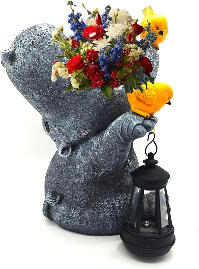 Large Hippo Solar Garden Outdoor Statues Hippo Planter Flowers Vase for Fresh/Artificial Hippo Figurine Garden Statue with Solar Lantern for Patio Balcony Yard Lawn Hippo Gifts Housewarming Gift