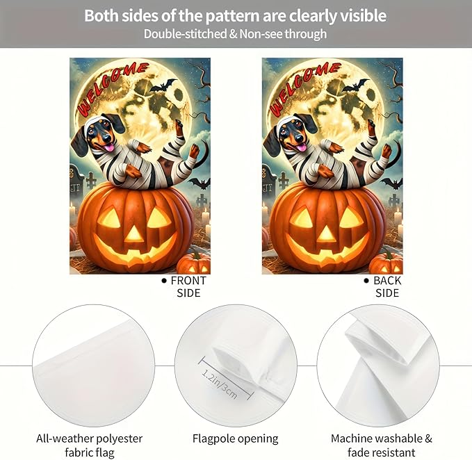 Happy Halloween Garden Flags 12x18 Inch Vertical Double Sided Skeleton Dachshund Dog Garden Flag Small Yard Pumpkin Flag for Outdoor Decor Outside Decoration Banner