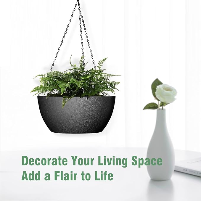 10 inch Hanging Planters for Outdoor Indoor Plants with Drainage Holes and Chain, 2 Pack Round Hanging Flower Pots for Garden Home Porch Decor, Black