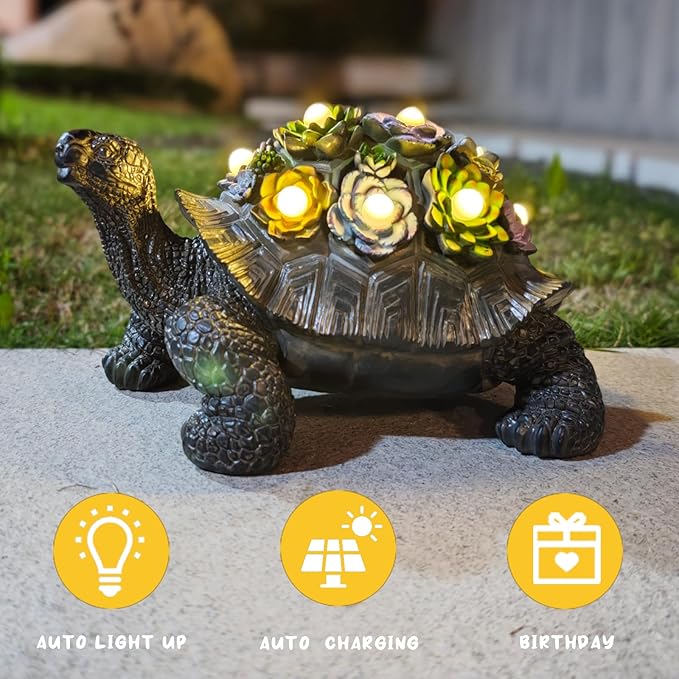 Solar-Powered Succulent Turtle Statue - Resin Garden Decor with LED Lights, Waterproof Outdoor Ornament for Patio, Yard, Lawn - Unique Housewarming Gifts
