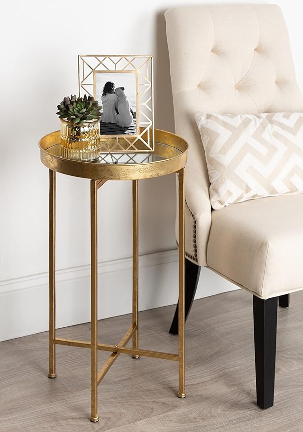 Kate and Laurel Celia Round Metal Foldable Accent Table with Mirror Tray Top, Gold