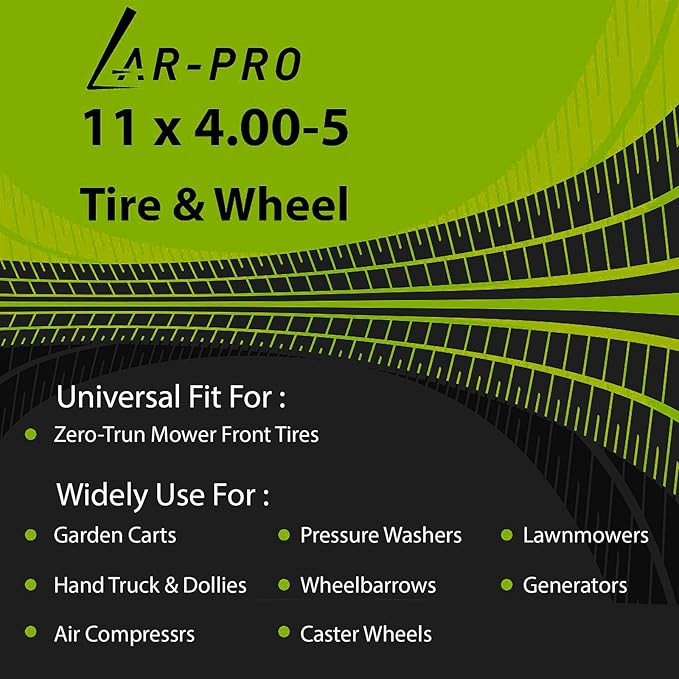 AR-PRO (2-Pack) 11x4.00-5 Flat Free Tire and Wheel, Universal 11x4-5 Solid Smooth Tractor Turf Tire with Rim, 3.4" Centered Hub and 3/4" & 5/8" Bushing, For Zero Turn Mowers and Riding Lawn Mower
