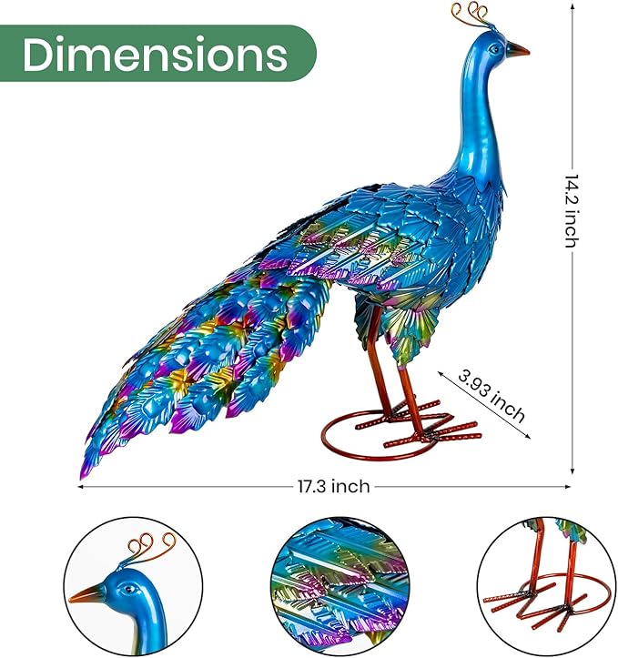 Peacock Yard Art Garden Decor Metal Peacock Outdoor Statue & Sculpture for Patio Lawn Backyard Decorations Vibrant Multicolor, Blue