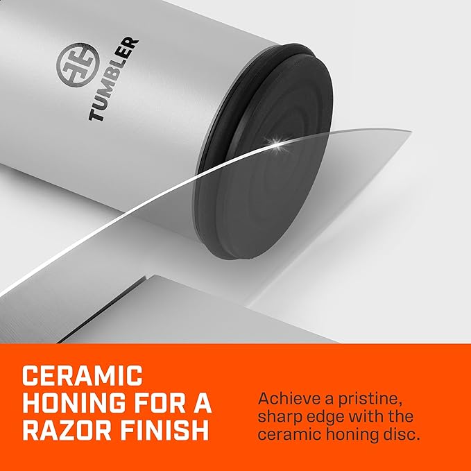 TUMBLER Pro Rolling Knife Sharpener™ - Knife Sharpening Made Easy - Rolling Knife Sharpening Kit with Removable Disc System - Includes 4-Layer Diamond Sharpening Disc & EdgeBoost Ceramic Disc (Grey)