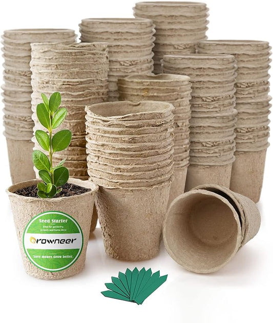 GROWNEER 120 Packs 2.4 Inch Peat Pots Plant Starters for Seedling with 25 Pcs Plant Labels Biodegradable Herb Seed Starter Pots Kits Garden Germination Nursery Pot