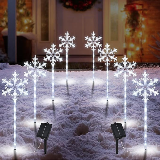 Solar Christmas Pathway Lights Outdoor Decorations, Solar Powered Snowflake Lights, Waterproof Xms Garden Stake Lights Outdoor Christmas Decorations for Patio Yard Porch Lawn, 8 Pack(White)