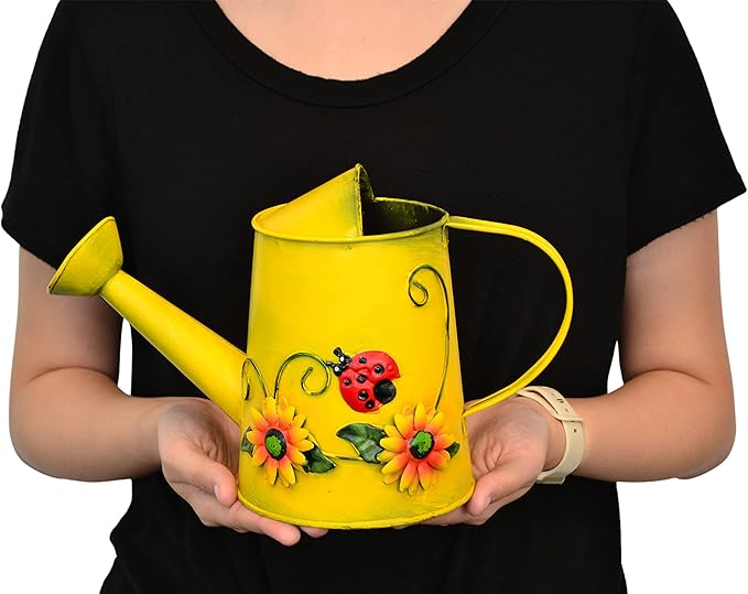 Decorative Sunflower & Ladybug Metal Watering Can (Vol: 4 Cups) | Small Yellow Watering Can | Garden Décor Housewarming Gift for Mother Women Friends Gardeners