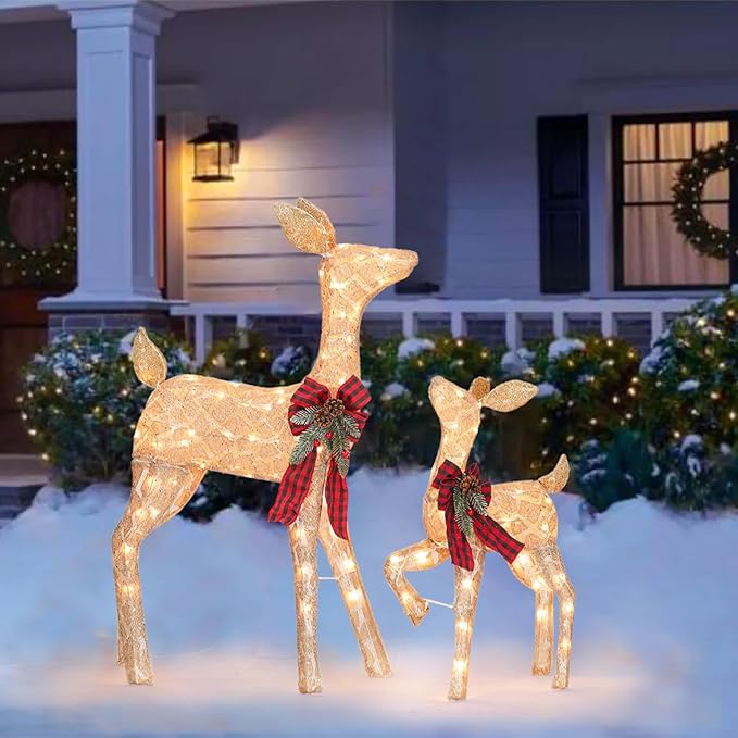 2 Pcs Reindeer Christmas Decoration, Xmas Lighted Golden Shimmering Doe and Fawn Display Set with 105 Warm White Lights for Yard Lawn Indoor Outdoor