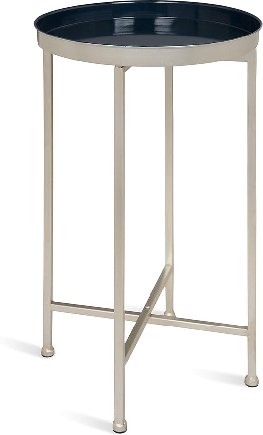 Kate and Laurel Celia Round Foldable Tray Accent Table, 14" x 14" x 25.75", Navy and Silver, Modern Minimalist Design and Magnetic Detachable Tabletop