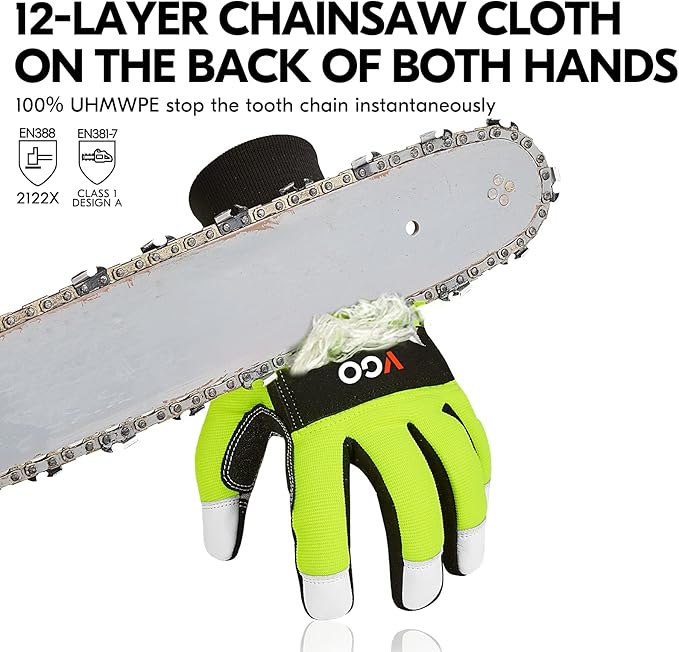 Vgo... Chainsaw Gloves, 12-Layer Chainsaw Protection on Both Hand Back, leather Work Gloves, Mechanic Gloves